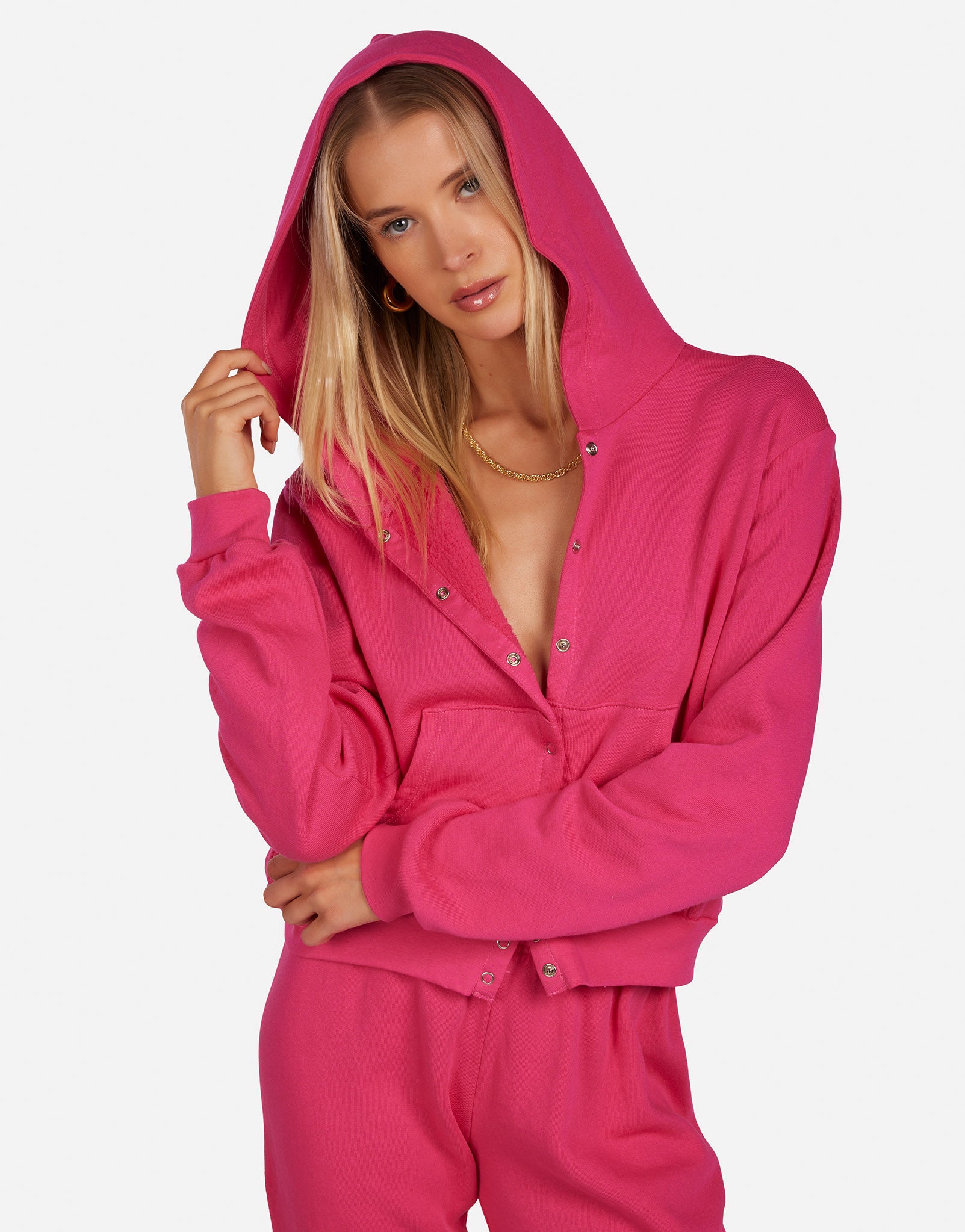 Women's Snap Front Hoodie in Dark Pink | Philo by Michael Lauren