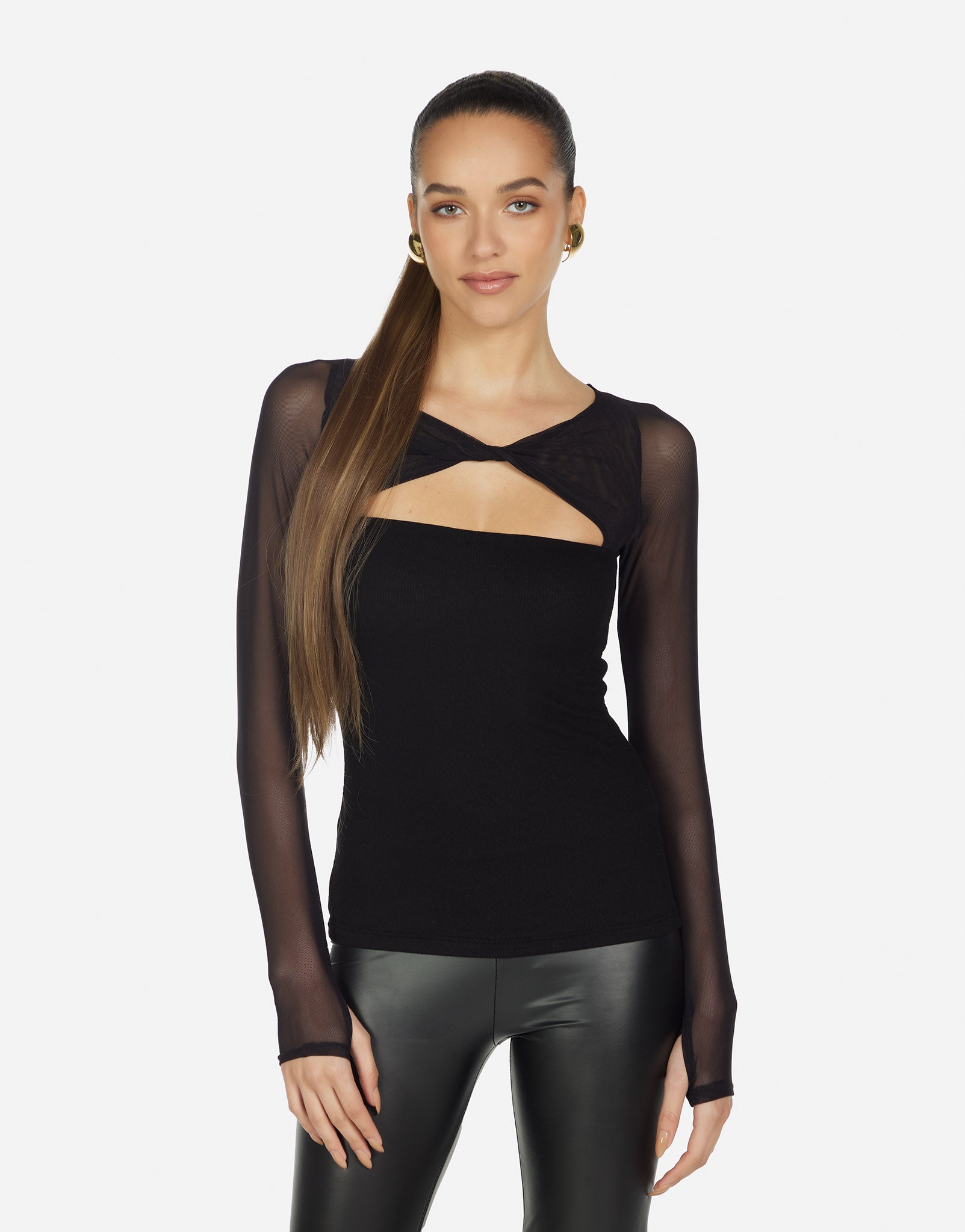 Women's Knotted Neck Top w/ Mesh in Black | Velo by Michael Lauren