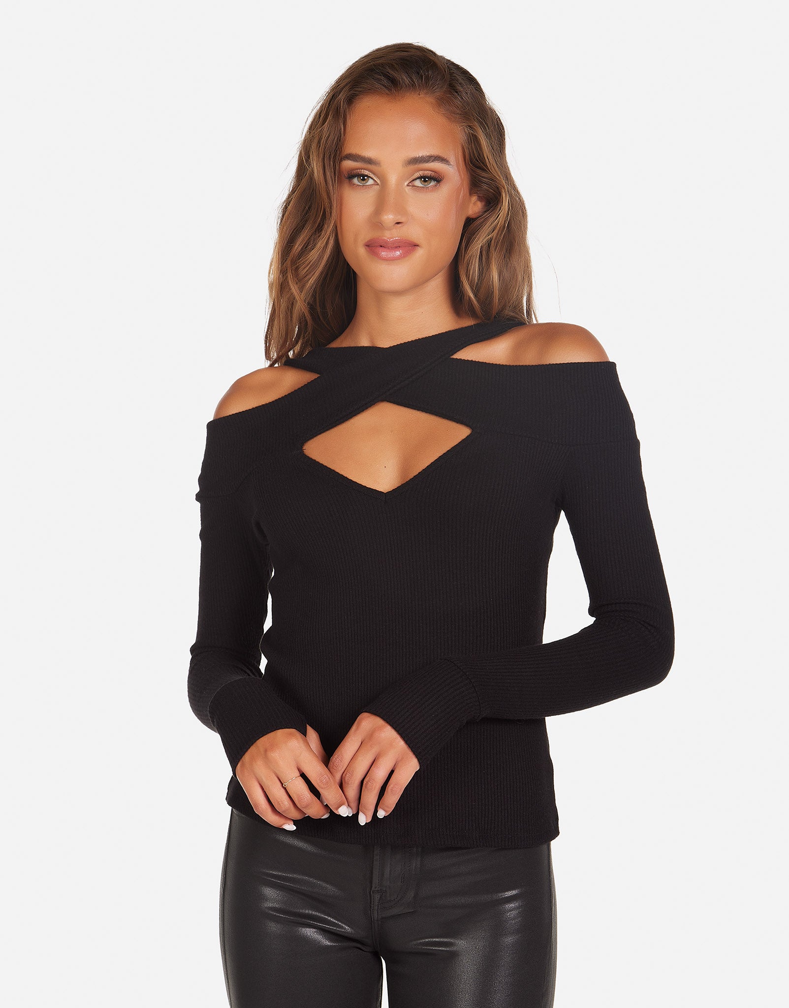 Long Sleeve Cold Shoulder Top in Black