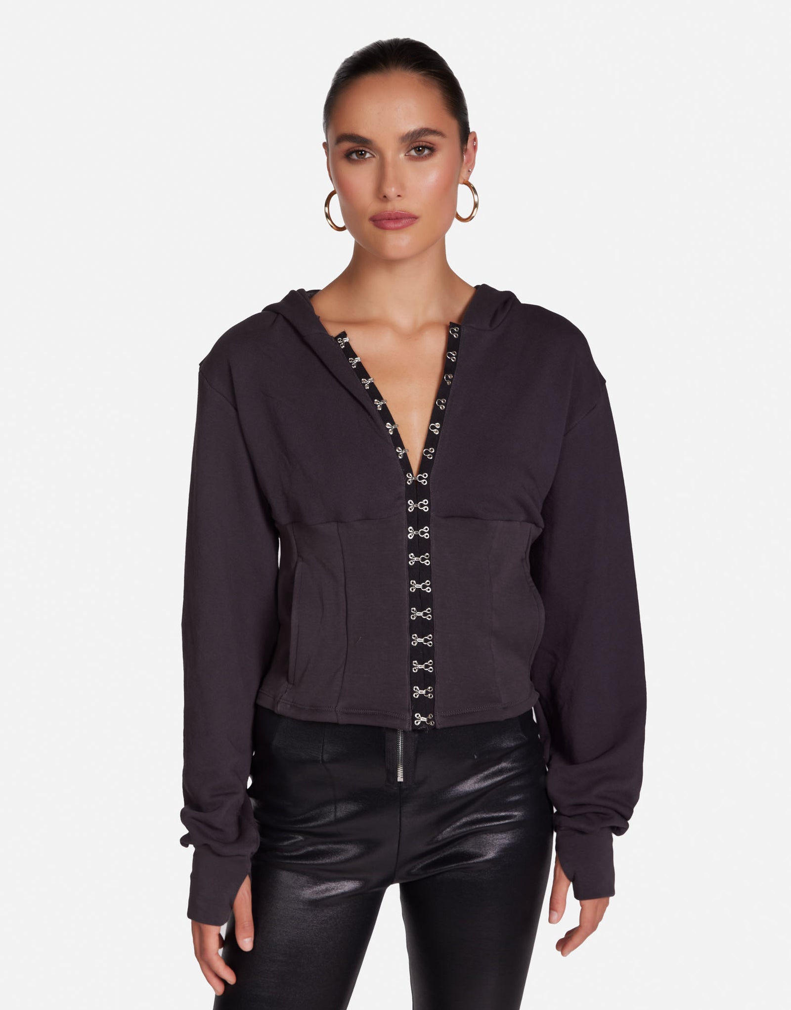 Cropped Corset Hoodie in Onyx | Kozma by Michael Lauren
