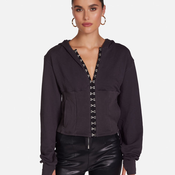 Cropped Corset Hoodie in Onyx | Kozma by Michael Lauren