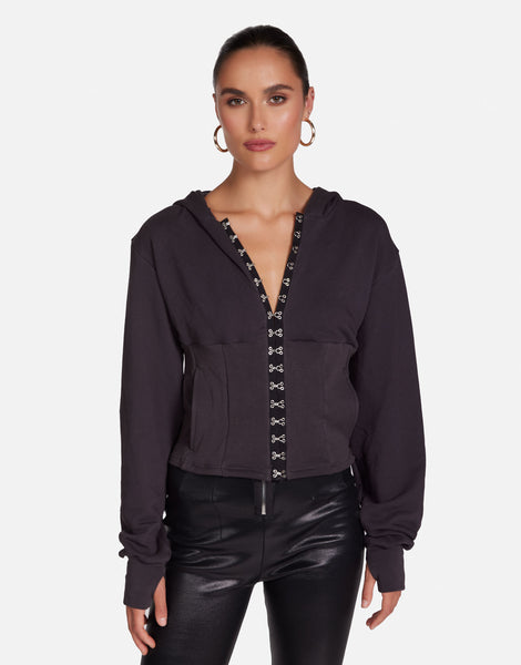 Cropped Corset Hoodie in Onyx | Kozma by Michael Lauren