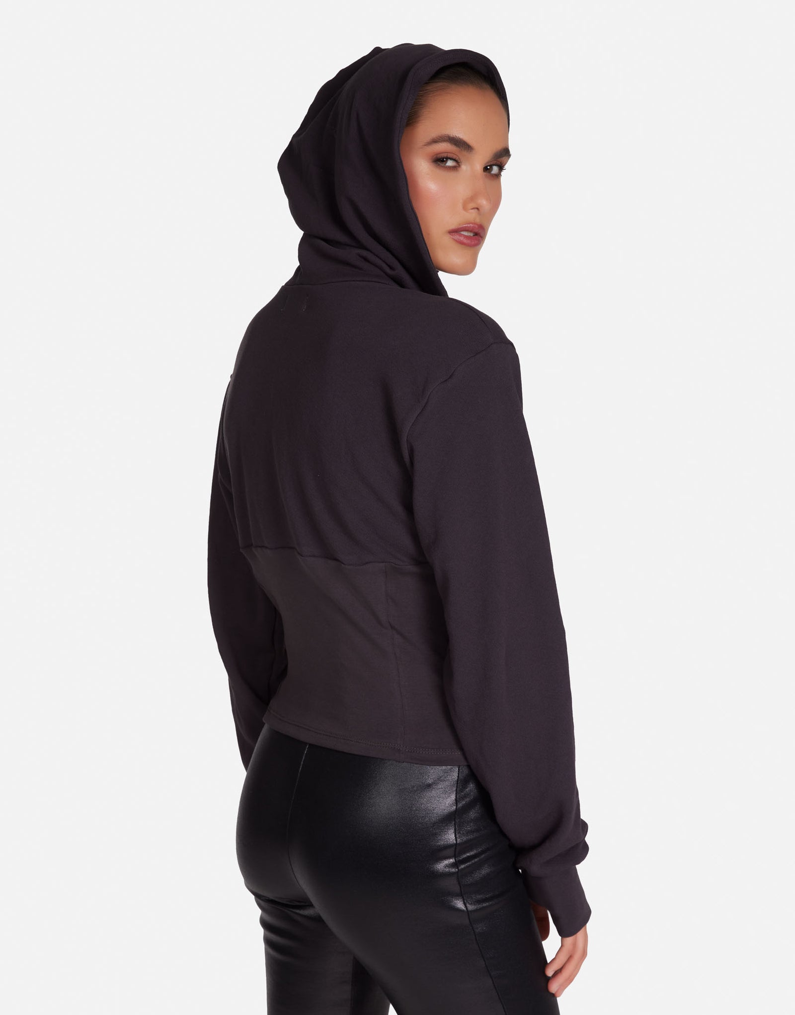 Cropped Corset Hoodie in Onyx | Kozma by Michael Lauren