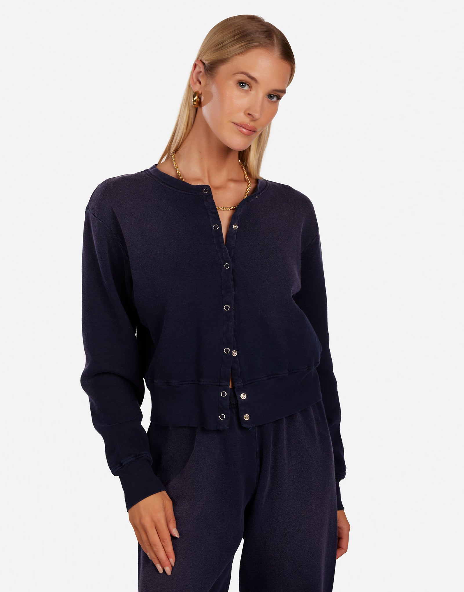 23AW 極美品✨ LOUREN twill no collar jacket Women's Snap Front L/S Top in Bleached Navy | Novak by Michael Lauren