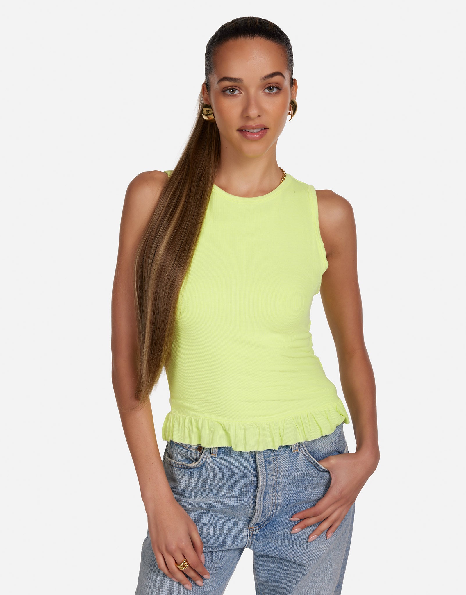 Women's Ruffle Rib Cop Top in Neon Citrus | Omarion by Michael Lauren