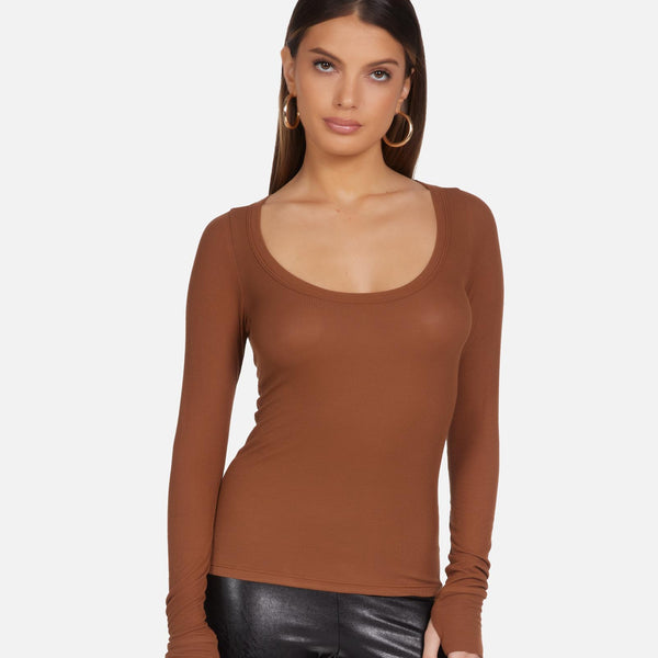 Deep Scoop Neck L/S Top in Camel | Leonard by Michael Lauren
