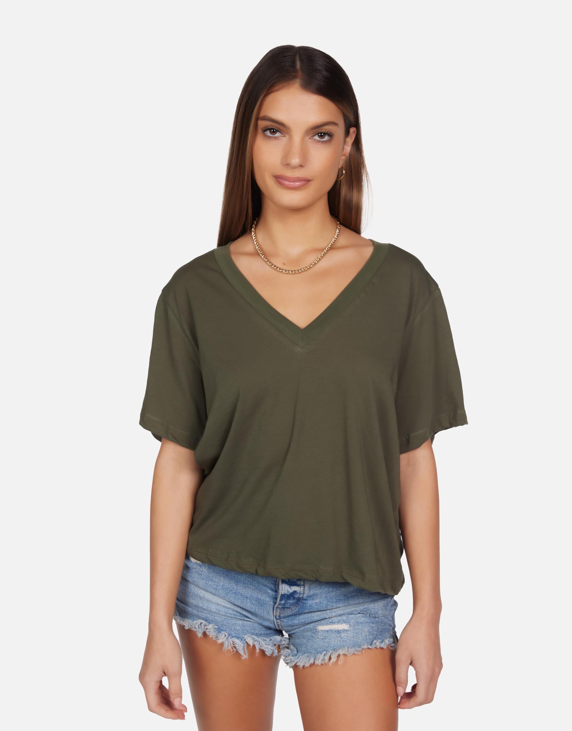 Deep VNeck Crop Tee in Army Bayaz by Michael Lauren