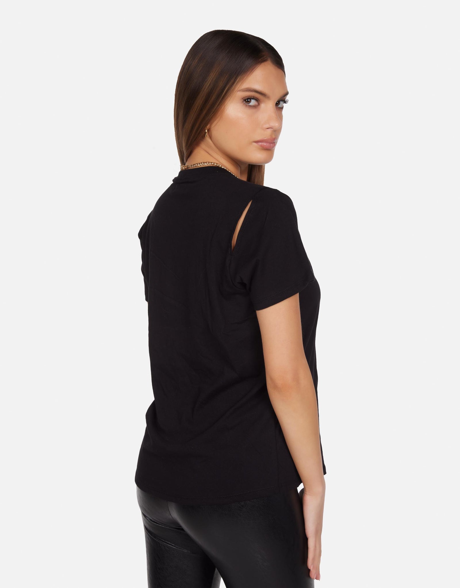 Women's S/S Split Shoulder Tee in Black | Maximilian by Michael Lauren