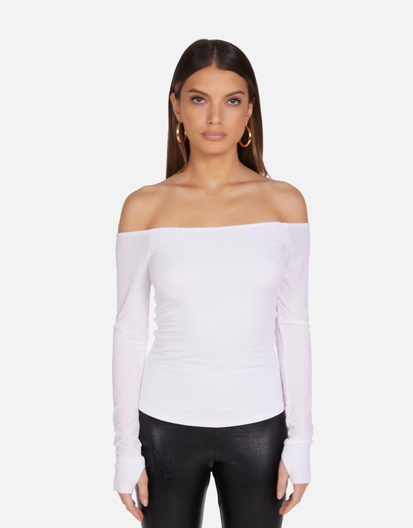 Women's L/S Off Shoulder Fitted Top in White | Lanny by Michael Lauren