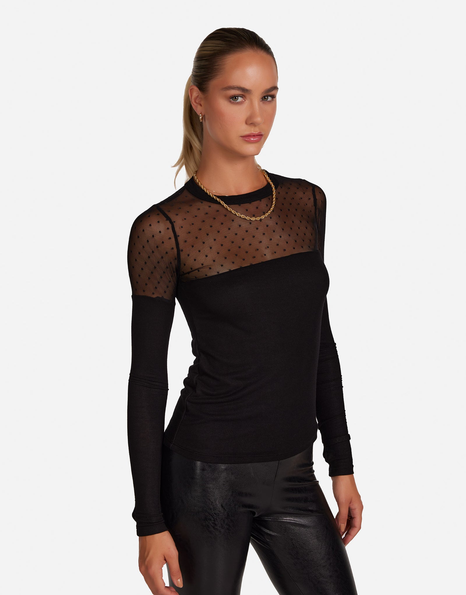 Women's Fitted Contrast Dot Top in Black | Herbert by Michael Lauren