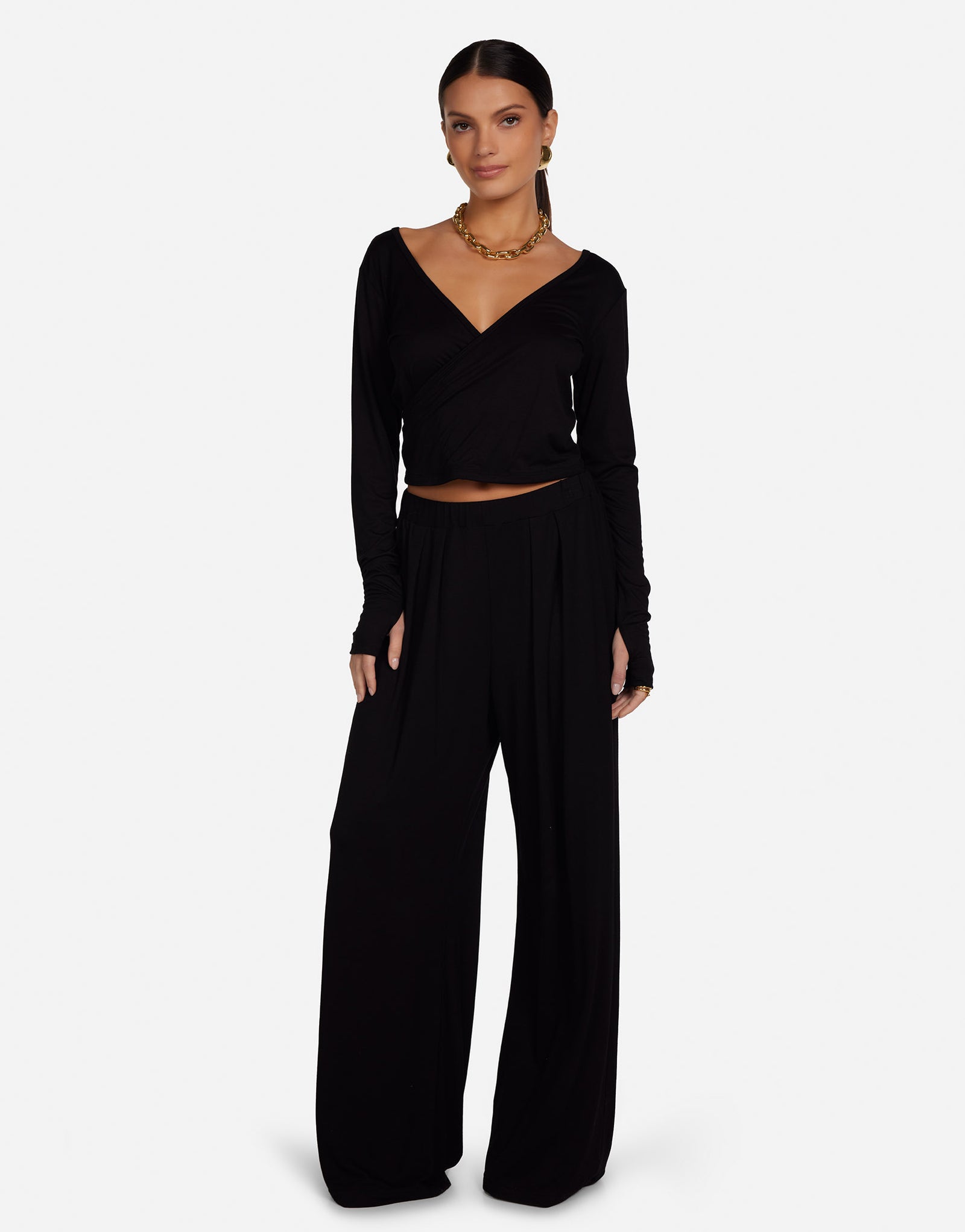 Women's L/S Cross Front Top in Black | Aziel by Michael Lauren