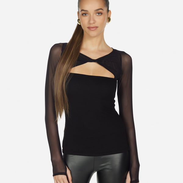 Women's Knotted Neck Top w/ Mesh in Black | Velo by Michael Lauren