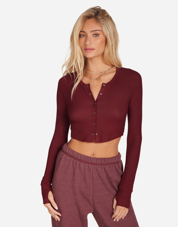 Women's L/S Snap Front Crop Top in Oxblood | Yosef by Michael Lauren
