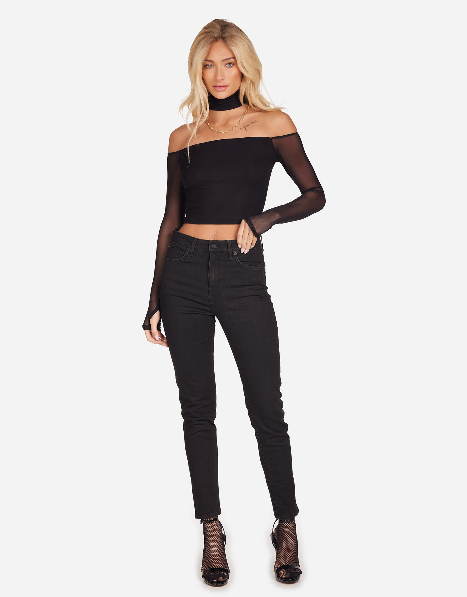 Women's Open Shoulder Mock Neck w/ Mesh Black | Akio by Michael Lauren