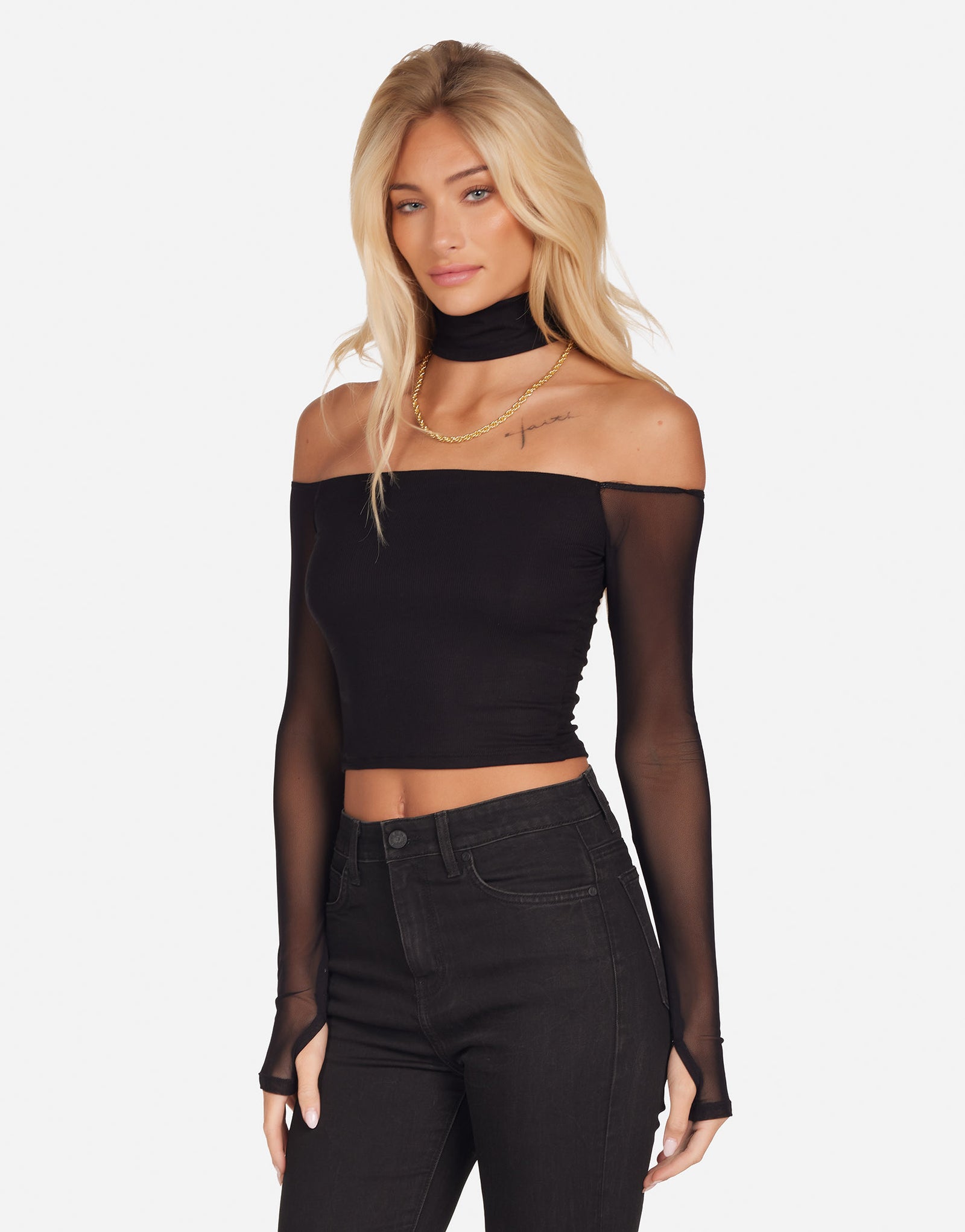 Women's Open Shoulder Mock Neck w/ Mesh Black | Akio by Michael Lauren