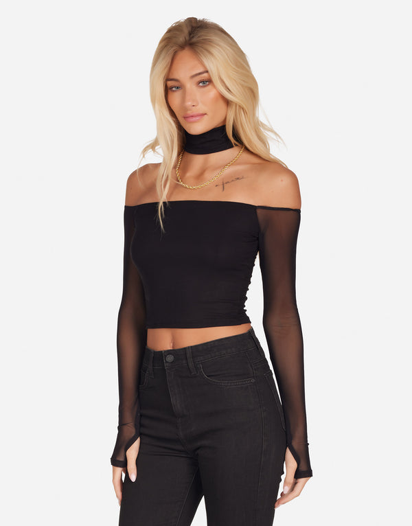 ミストオーバー Women's Open Shoulder Mock Neck w/ Mesh Black | Akio by Michael Lauren