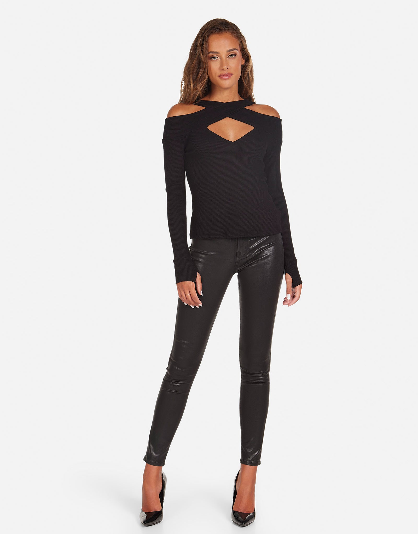 Long Sleeve Cold Shoulder Top in Black | Draven by Michael