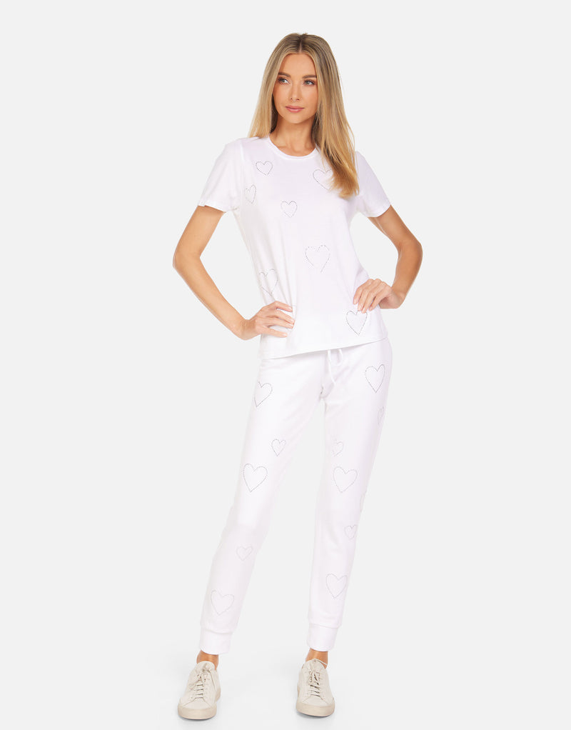 Front White Short Sleeve Shirt with crystal heart and Crystal heart jogger