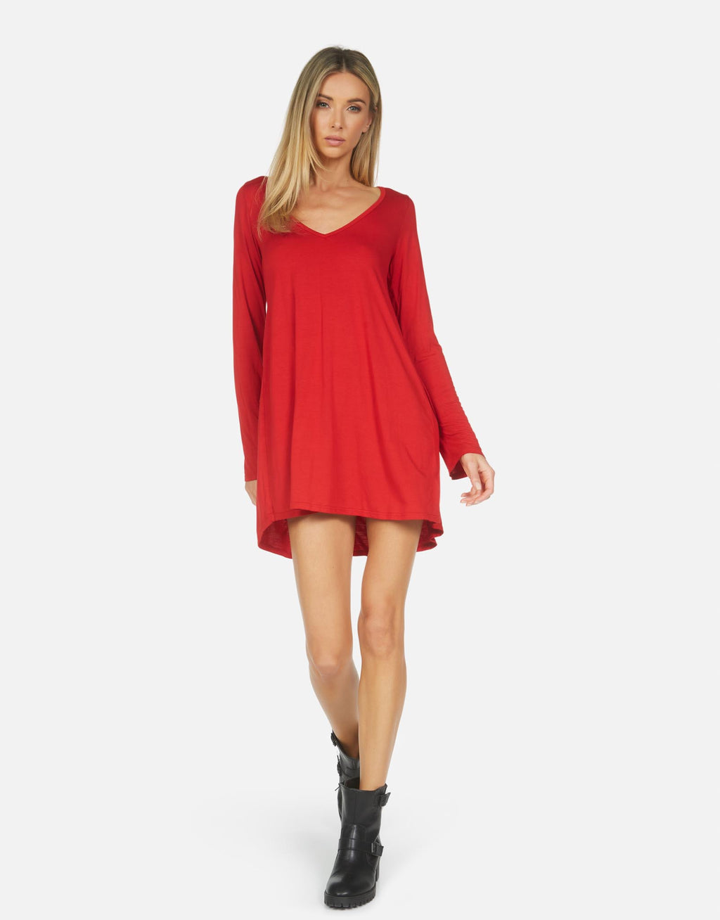 Long Sleeve Candy Red V-Neck Dress | Kyle by Michael Lauren